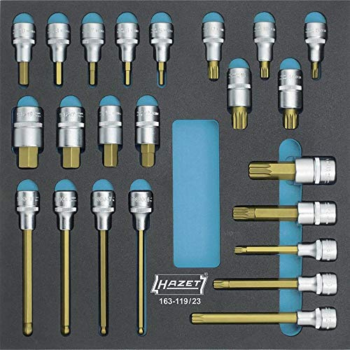 HAZET Schraubendreher-Steckschlüsseleinsatz-Satz 163-119/23, Länge 344 mm | 1/2 Zoll (12,5 mm) Vierkant hohl, Antrieb 1/2 Zoll (12,5 mm) Vierkant hohl, TIN beschichtet, Länge 344 mm, Breite 342 mm