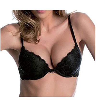 Reggiseno Super Push Up Imbottito in Pizzo +2 Taglie Love and Bra Modello Esagerato (4, Nero)