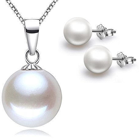 Kim Johanson Damen Perlen Schmuckset Fiona aus 925 Sterling Silber Halskette mit Anhänger & Ohrringe inkl. Schmuckbeutel