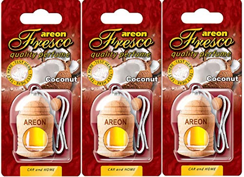 AREON Fresco Auto Duft Kokosnuss Weiß Glas Duftflakon Flakon Holz Set Hängend Anhänger Spiegel Kokos 4ml (Pack x 3)