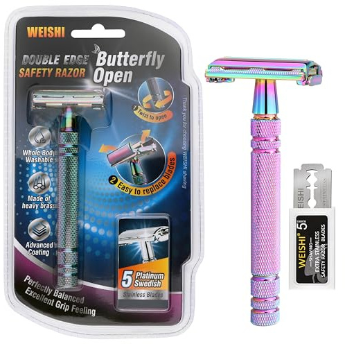 WEISHI Butterfly Open Double Edge Safety Razor for Men and Women, Elegant Rainbow Color Handle with 5 Stainless Razor Blades Included, Reusable Wet Shave Tool for Smooth, Close Shave