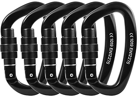 Locking Carabiner - 25kN 5600lb Climbing Carabiner Screw Gate D Shape Carabiner All Black (Pack of 4)