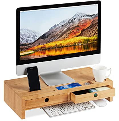 relaxdays Support pour moniteur, en bambou, Rehausseur d’écran avec 2 tiroirs rangements, bureau, HLP 12x56x27cm, nature, 12 x 56 x 27 cm
