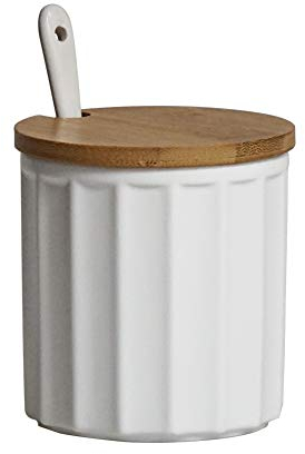 Sucrier blanc, sucrier en céramique avec cuillère à sucre et couvercle en bambou pour la maison et la cuisine, design élégant, blanc, 270 ml