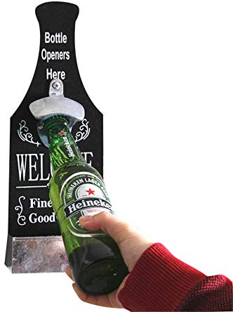 Vintage Wall Mounted Wooden Bottle Openers with Cap Catcher for Men and Beer Lovers