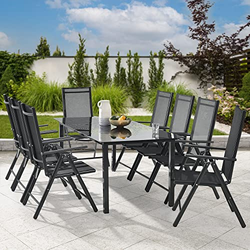 Juskys Salon de Jardin Milano en Aluminium 8+1 — 8 chaises à Haut Dossier réglables et Pliables avec Table — Ensemble de Meubles de Jardin 9 pièces résistant aux intempéries — Gris