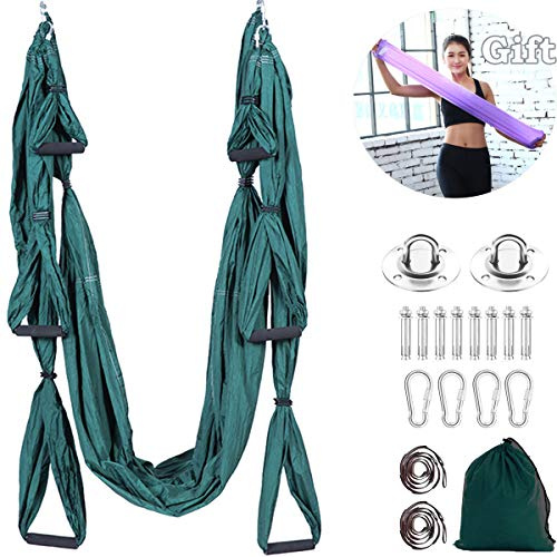 Mingfuxin Kit de hamaca de yoga, herramienta de inversión para yoga aérea, para yoga, columpio, trapecio, con correas de extensión y banda elástica para gimnasio y hogar (verde oscuro)