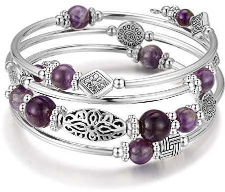 BULINLIN Beaded Silver Bangle Wrap Bracelet for Her, Layered Bohemian Bracelets with Natural Stone, Jewellery Gifts for Women Ladies(Amethyst)