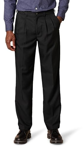 Amazon Essentials Pantaloni da Abito con Pinces con Vita Espandibile in Vita e Vestibilità Classica Uomo, Nero, 42W / 32L