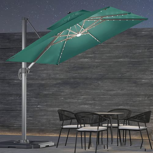 0℃ Outdoor Ombrellone con Luci Solari, Ombrellone Decentrato con Palo Laterale, UV50 +, Parasole Ombrellone per Cortile Piscina Prato Giardino Spiaggia Hotel caffè Bar,Dark Green,2.5m