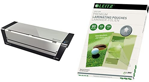Leitz A3 Laminiergerät Touch Turbo Pro & Heißlaminierfolien A4 80 mic, Laminierfolien in Premium-Qualität im 100er Pack, Glänzend, Transparent, Vereinfachtes Einlegen durch UDT, iLAM, 74780000