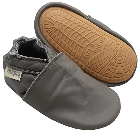 mepiq Baby Moccasins Crawling Shoes with Rubber Sole, Soft Leather Slippers Anti-Slip Infant Toddler First Walking Shoes for Boys Girls, 0-6 Months Grey
