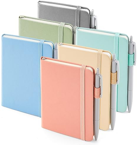 feela Notizbuch A6, 6 Stück Notizblock klein, bunte Journale Buch Bulk mit 6 Gelstiften schwarz, 112 Seiten, 80GSM, 9x14cm, Mini Notizbuch liniert geeignet für Büro, Schule, Notizheft mit PU Leder