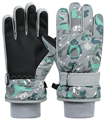 Durio Skihandschuhe Kinder Wasserdicht Winter Schneehandschuhe PU Palme für Outdoor Sport Grau 4-6 Jahre