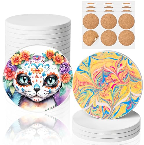 GOH DODD Keramikfliesen zum Basteln, 24 Stück 10,2 cm Leere Untersetzer, Unglasierte Keramik-weiße Fliesen mit 12 Stück Kork-Stützpads zum Malen, Alkoholtinte, Acrylgießen, DIY, Mosaik, Rund