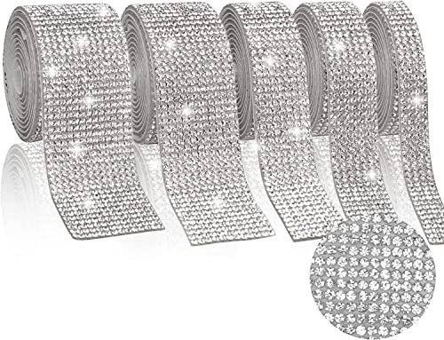 Ticeed 5 Rollos de Cinta Adhesiva Decorativa de Cristal Diamante Cintas de Diamantes de Imitación Plata, Adhesivos Decorativos de Strass para Ropa, Mochilas, Fundas de Móviles Decoración de Strass