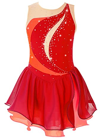 iEFiEL Mädchen Eiskunstlauf Kleid Glitzer Ballettkleid mit Rüschen Röckchen Ärmellos Ballett Trikot Body Wettbewerb Kostüm Gymnastikanzug Rot 170-176