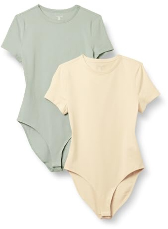 Amazon Essentials Women's Stretch Cotton Jersey Slim-fit T-Shirt Bodysuit, Pack of 2, Beige/Light Sage Green, M