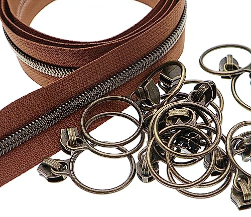 Leekayer #5 Reißverschlüsse aus Nylon, metallisch, antikes Messing, meterweise in loser Schüttung 10 Yards (braunes Band mit 25 Messingziehern für DIY Nähen Taschen Handwerk (Braun)