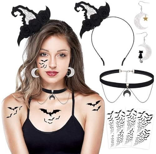 HOWAF Hexenkostüm, Hexenhut Haarreif Halloween Haarreif, Halskette, Mond Schwarze Katze Ohrringe, Fledermaus Tattoos für Halloween Kostüm Hexen Karneval Fasching Kostüm Cosplay Accessories