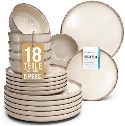 Pure Living Service de table en faïence rustique pour 6 personnes 18 pièces Vainqueur du test Style maison de campagne Service de table en faïence de qualité supérieure Beige