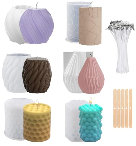 6 Stück Kerzenform Silikon Kerzenformen zum Gießen Silikon Handgefertigte Kerzenform Silikonform Kerze Kerzengießform Kerzen Silikonform Candle Mold Kerzen Formen und Kerzendocht Set