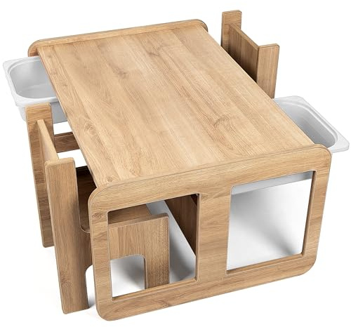 Industrial living Barnbord med 2 vita förvaringslådor – barnskrivbord med 2 stolar – spelbord – aktivitetsbord – ritbord – trä – valnöt