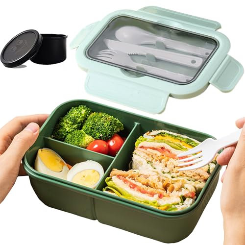 Cylogia 1250ML Bento Lunch Box for Kids & Adults Leak-Proof Packed Lunch Box with 3 Compartments Stackable Lunchbox with Sauce Pot Cutlery Set Microwave Dishwasher Available