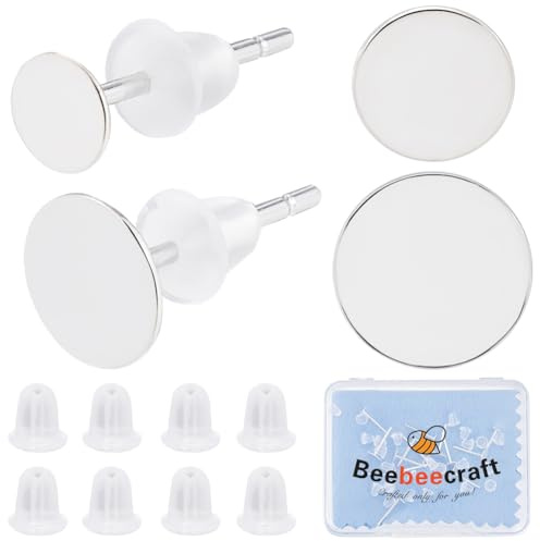 Beebeecraft 20 pieza de 4/6.(079) in de Bisel En Blanco para Pendientes 925 pendientes de Plata de Ley con Almohadilla Plana Poste Redondo con Tuercas para Pendientes para Hacer Joyas de Cabujón
