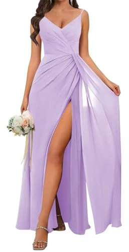 KURFACE Damen Spaghettiträger Brautjungfernkleider für Frauen mit Schlitz, Chiffon, gerüscht, langes formelles Kleid, Flieder, 38