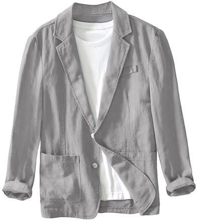 Men's Linen Business Blazer, Two Button Turn-Down Collar Suit Jacket, Casual Sport Coat With Double Pockets