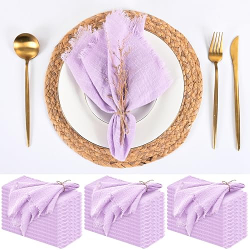 36 Stück Lavendel-Stoffservietten mit Fransen, 40,6 x 40,6 cm, Baumwoll-Leinen-Servietten, waschbar und wiederverwendbar, handgefertigte Servietten, weiche, rustikale Boho-Fransen-Tuchservietten für