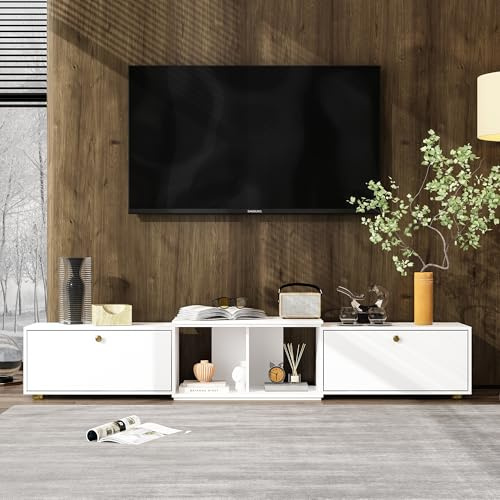 PREMTURE Lowboard TV-Ständer, weiß, TV-Schrankmit 2 Schränken, ausziehbarer TV-Lowboard, kombinierte Maße 120 x 30 x 28 cm, ausgezogene Maße 175 x 30 x 28 cm, weiß, MDF, TV-Ständer