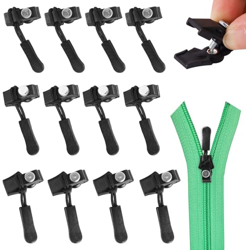 Reißverschluss Zipper Reparatur, 12 Stück Universell Fix-Reißverschlusszieher, Reißverschlussschieber Ersatz, Reißverschluss Anhänger für Jacke, Rucksack, Gepäck, Schlafsack(Schwarz)