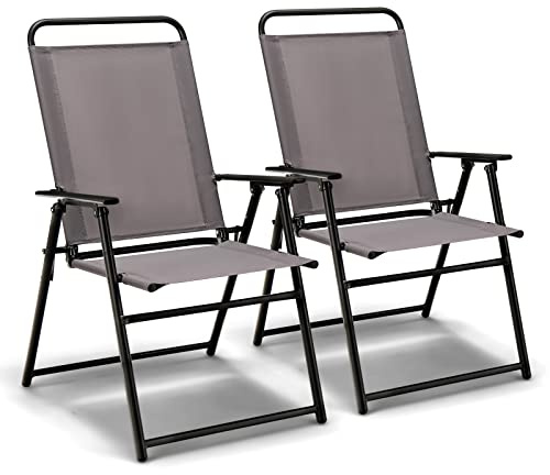 COSTWAY 2er Set Gartenstühle klappbar, Hochlehner Klappstühle, Balkonstühle mit Armlehnen, Terrassenstühle, Outdoor-Stühle bis 150 kg Belastbar, Essstühle für Garten, Hinterhof, Balkon, Grau