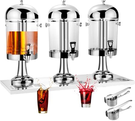 CWCQGH Commercial Beverage Dispenser 24L, Chillers & Water Fountains, Stainless Steel Cold Drink Machine, Self-Service Flower Tea Dispenser, with Tap & Drip Tray & 2 Mini Juicer,Silver (Silver)