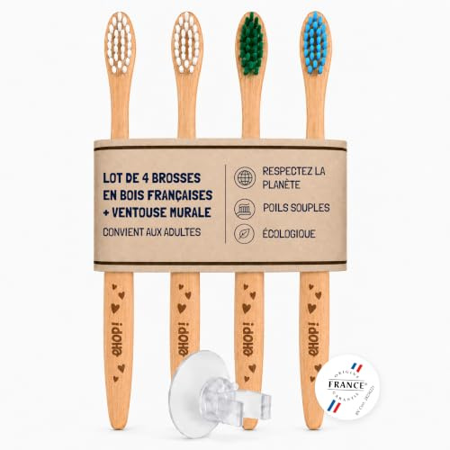 [EHOP] 4er-Set französische Holzzahnbürsten mit Wandsaugnapf | Weiche Borsten | Für Erwachsene geeignet | aus französischer Produktion | Umweltfreundliche Bürsten | Zero Waste Dental, Bio-Griff