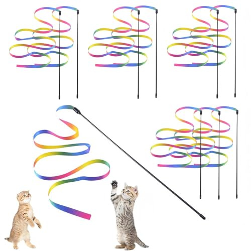 HUSHRICH 10Pcs Cat Wand Toy Set, Cat Toys for Indoor Cats Kitten - Catt Interactive Rainbow Wand Toy 60cm Reusable Kitten Ribbon 30cm Interactive Cats Teaser for Catt Training Playing