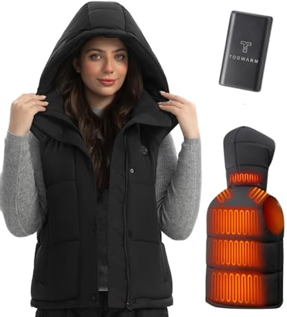 TODWARM Heizweste Damen mit Powerbank 16000mAh, Beheizbare Weste Damen 15 Heizzonen Abnehmbarer Hoodie Weste Beheizbar Damen für Camping Wandern Wintersport Schwarze XL