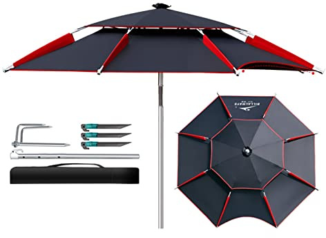 ApuaVireo&Co Sombrilla de pesca con inclinación automática, sombrilla de playa for exteriores, parasol, impermeable, resistente al viento, poste central de aluminio ajustable, color negro y rojo(240cm