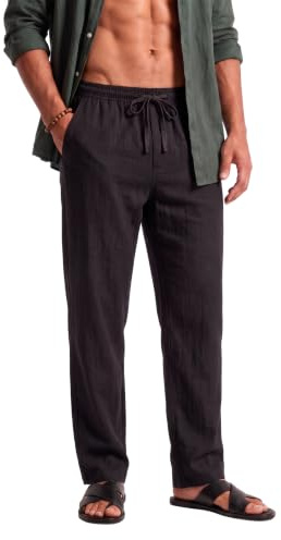 Remxi Pantaloni da uomo in lino e cotone, leggeri, pantaloni da yoga con vita elasticizzata, pantaloni da spiaggia, Nero , 5XL
