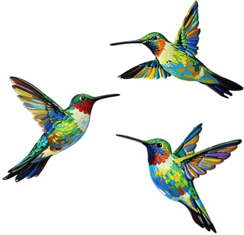 Moruska Metal Hummingbird Garden Wall Art Outdoor, 3 Pack Colorful Metal Bird Wall Decor for Fence Patio Yard Porch, Exterior Wall Sculptures Hanging Garden Ornaments