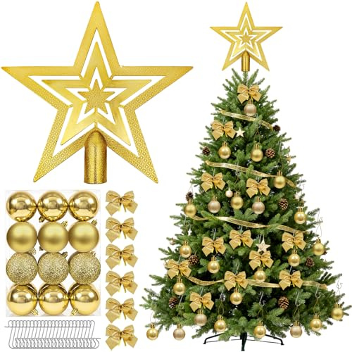 Set de boules de Noël en plastique pour décoration de sapin de Noël, pointe d'arbre en forme d'étoile, décoration de sapin de Noël avec ruban de suspension, pour les célébrations familiales