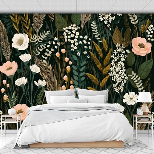 Carta da Parati Panoramica 3D Seta Fiori Selvatici Piante, 200 x 140cm Murali Panoramica Vintage Senza Giunte per Soggiorno, Adulto Camera dei Bambini, Ristorante Decorazione, Verde Scuro Pesca