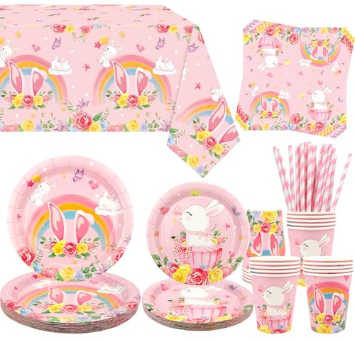 Obussgar Bunny - Stoviglie per feste di compleanno di conigli, tra cui piatti, bicchieri, tovaglioli, tovaglie, cannucce - per 20 persone