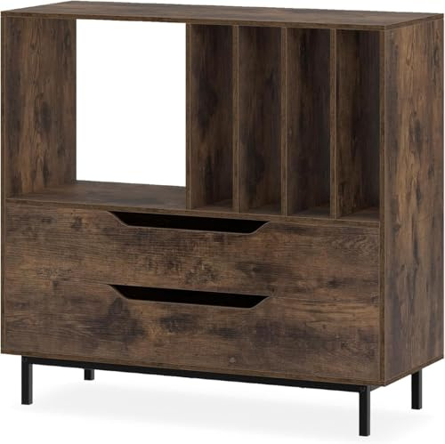 GIANTEX Meuble Platine Vinyle, Support pour Vinyles avec Compartiments Ouverts, 4 Séparateurs, Pieds Métalliques et Tiroir, Étagère pour Disques en Bois pour Salle de Musique, Salon (Marron)