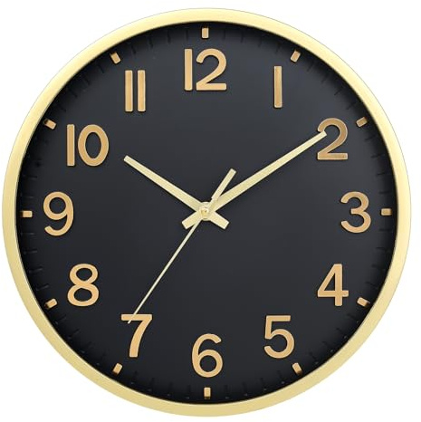 Moiubik Funkuhr Wanduhr 20 cm Geräuschlos Modern Batteriebetrieben | ohne Tickgeräusche für Wohnzimmer Küche Büro Schlafzimmer und Schule als Wanddekoration(Schwarz Gold)