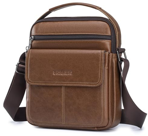 SPAHER Stor Axelväska för Män Läder Herrväska för Ipad 11 inch Vattentålig Handledsväska med Justerbar Rem och Multiväska Mobilväska för Vardagen, Affärsarbete och Resor Crossbody Shoulder Bags
