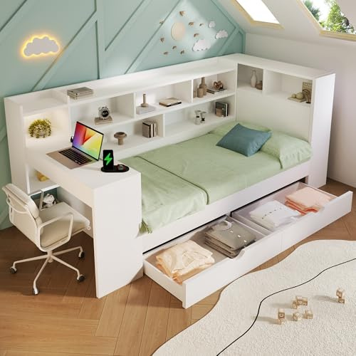 Xfholl 3ft Sofa Bed with Storage, Drawers & USB Type-C Port, Single Daybed with Bookcase & Computer Desk, White, 90 x 190 cm (No Mattress)