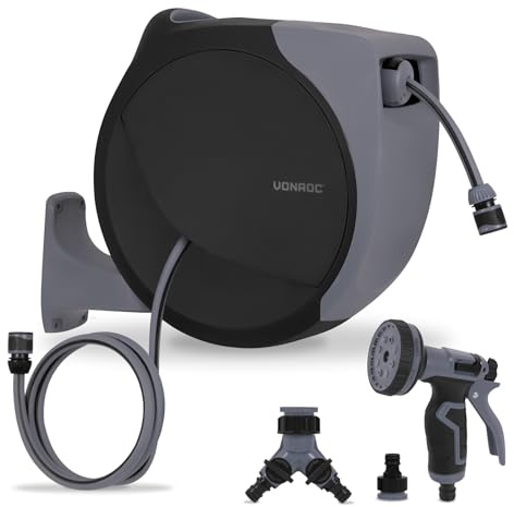 VONROC Automatisk slanglindning, 30 m, 180° vridning, med 8 funktioner, snabbkopplingar, 2-vägs delare, väggmontering (30 m grå)